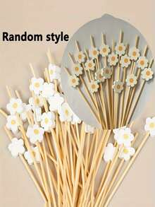 50/100Pcs Bamboo Pick Sweet Daisy Theme Flower Fruit Fork, Party Dessert Salad Stick Cocktail Skewer, Wooden Picks Wedding Birthday Party Supplies