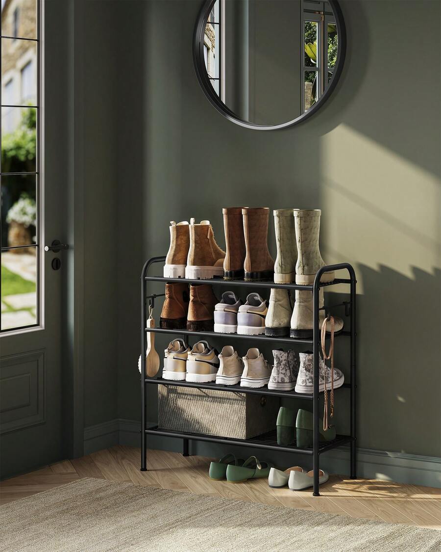 Shoe Rack, 4-Tier Shoe Organizer, Metal Shoe Shelf Storage With 4 Side Hooks, Holds 16 Pairs Of Shoes, Height-Adjustable Shoe Rack For Entryway, Hallway, Closet, Easy Assembly - Black - View 1