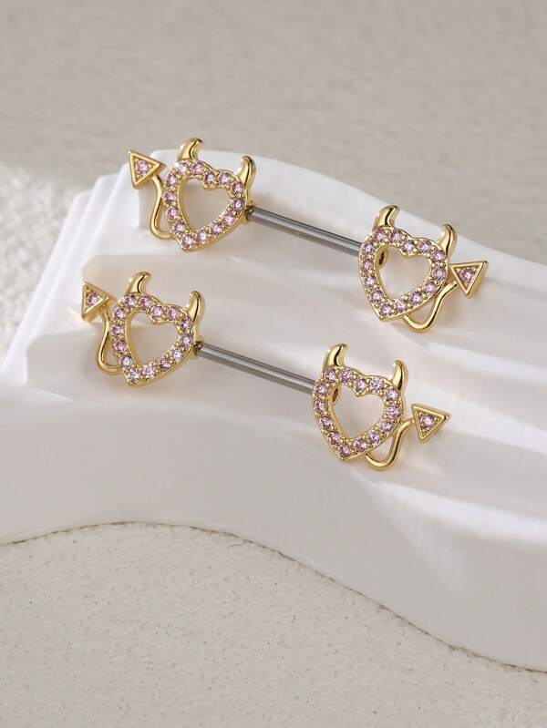 2pcs Stainless Steel Heart & Devil Horn Nostril Clip-On Nose Studs, Fashion Piercing Jewelry For Women