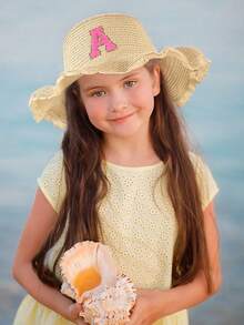 1pc 26 Alphabet Customized Kids Straw Hat With Flower Lace Brim, Suitable For Gifts, Daily Outings, Picnics, Sun Ion, Beach Vacations - Light Khaki - View 2