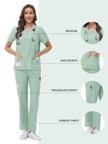 Set Seragam SPA Wanita, Atasan Lengan Pendek Lembut dan Bernapas dengan Bahan Matte dan Celana Panjang Lurus, Cocok untuk Ahli Kecantikan, Teknisi Kuku, dan Perawat - Mint Green - View 1