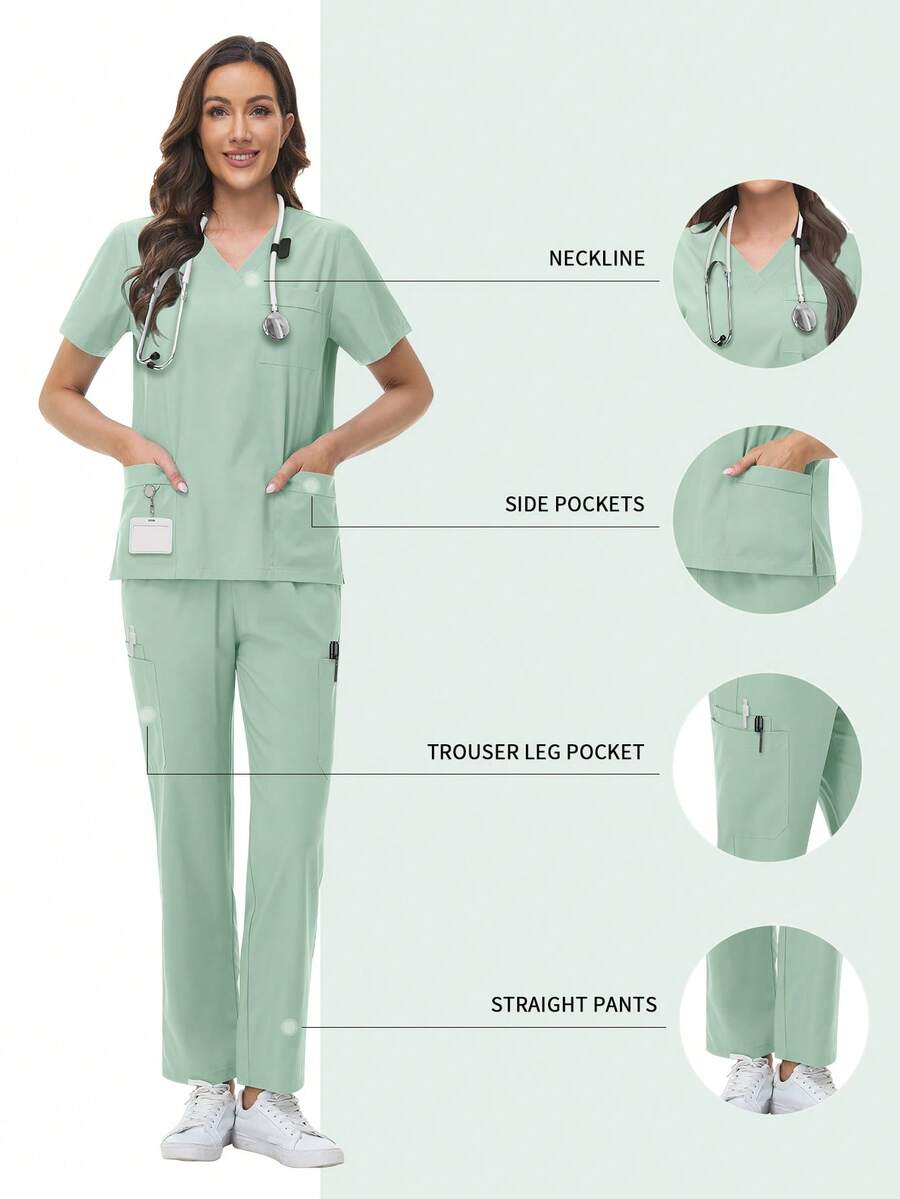 Set Seragam SPA Wanita, Atasan Lengan Pendek Lembut dan Bernapas dengan Bahan Matte dan Celana Panjang Lurus, Cocok untuk Ahli Kecantikan, Teknisi Kuku, dan Perawat - Mint Green - View 1