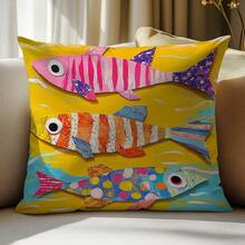1件夏季涂鸦彩色鱼装饰枕套，单面印花，柔软桃皮绒面料，45*45厘米/50*50厘米/40*40厘米靠垫套，适用于现代布艺沙发室内装饰、派对装饰、礼品 - 彩色 - 查看 7