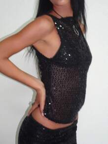 Women's Beads Sequins Tank Top Sparkle Sleeveless Boat Neck Solid Party Clubwear Vest