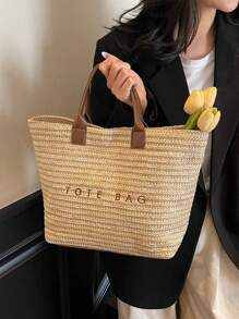 Chic Preppy-Style Large Capacity Tote Bag - Lightweight PVC & Kraft Paper With Magic Tape Closure For Women's Fashion