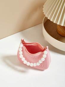 Mini Underarm Bag For Toddler Girls, Pearl Decor Zipper Closure Handbag, Lovely Gift Bag For Girls