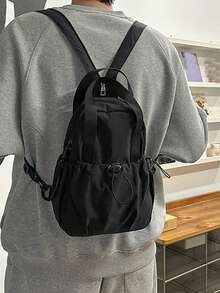 1pc Plain Nylon Backpack, Multifunctional Hand Tote Shoulder Bag, Suitable For University Students, Zipper Closure, Daily Wear - Black - View 2