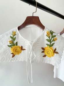 1 Stück weiße Blumen gestickte Abnehmbarer Oversize Kragen, Vintage Vogel Muster Cut Out Baumwoll Wellen Saum vielseitiger Kragen für Ausflüge, Zusammenkünfte und Partys, Polyester