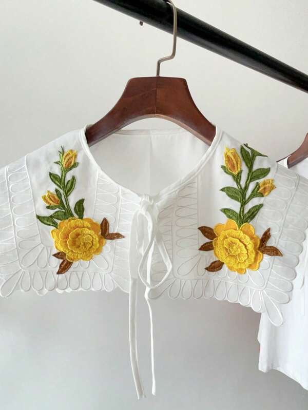 1 Stück weiße Blumen gestickte Abnehmbarer Oversize Kragen, Vintage Vogel Muster Cut Out Baumwoll Wellen Saum vielseitiger Kragen für Ausflüge, Zusammenkünfte und Partys, Polyester