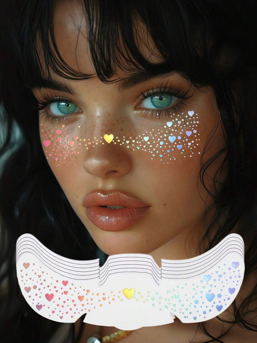 6pcs Glitter Freckle Face Holographic Temporary Tattoo Stickers, Glitter Freckle, Heart Shaped Glitter Tattoo, Waterproof Temporary Tattoo For Adults, Makeup, Party, Festival Accessories - Multicolor - View 1
