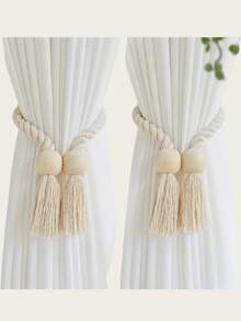 2pcs Rope Wooden Tassel Magnetic Curtain Tie Backs, Simple Wooden Tassel Magnetic Curtain Hooks, Curtain Holders Suitable For Bedroom, Living Room, Kitchen Home Decor, Room Decoration, Wall Decor - Beige - View 1