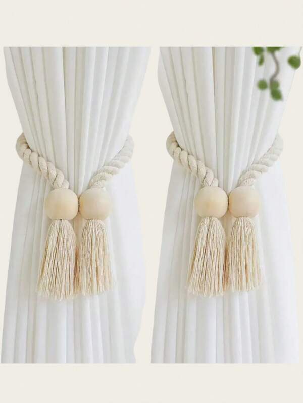 2pcs Cotton Rope Wooden Tassel Magnetic Curtain Tie Backs, Simple Wooden Tassel Magnetic Curtain Hooks, Curtain Holders Suitable For Bedroom, Living Room, Kitchen Home Decor, Room Decoration, Wall Decor