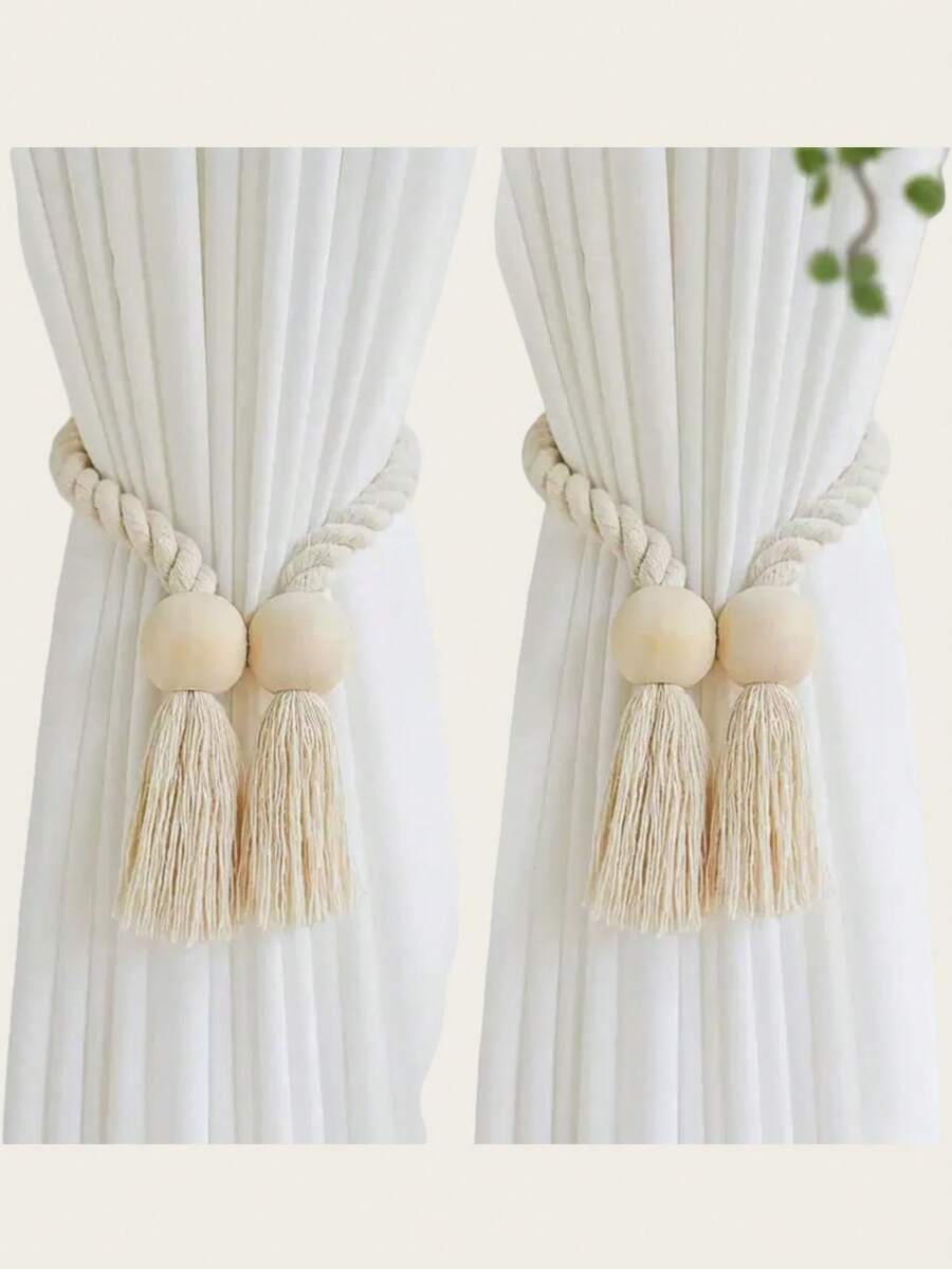 2pcs Rope Wooden Tassel Magnetic Curtain Tie Backs, Simple Wooden Tassel Magnetic Curtain Hooks, Curtain Holders Suitable For Bedroom, Living Room, Kitchen Home Decor, Room Decoration, Wall Decor - Beige - View 1
