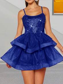 Damen Cocktailkleid Premium Pailletten geschichtetes Organza Saum Kleid Abendkleid für Damen Hochzeitskleid