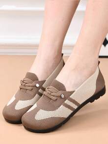 女士休闲运动鞋，舒适透气轻便优雅系带运动鞋，网眼鞋面，防滑平底鞋适合日常散步、办公室 - 卡其色 - 查看 5
