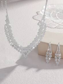 3pcs/4pcs Women's Minimalist Silver-Color Necklace, Earring, Bracelet Rhinestone Jewelry Set, Suitable For Daily Wear, Bridal Wedding Dress, Party Gift