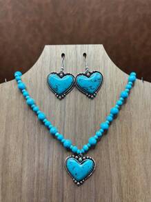 Boho Style Heart Beaded Necklace And Matching Heart Shaped Earrings, Vintage Fashion Jewelry Set For Women, Girls, Daily Outfit, Party Accessories, Jewelry, Gift For Family/Friends/Yourself
