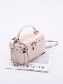 1 件时尚 PU 钻石图案绗缝拉链小方形手提包，女士百搭单肩斜挎包 - 粉色 - 查看 6