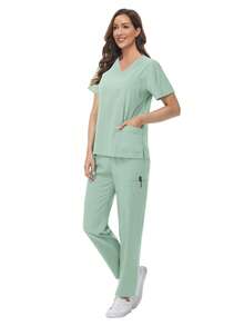 Set Seragam SPA Wanita, Atasan Lengan Pendek Lembut dan Bernapas dengan Bahan Matte dan Celana Panjang Lurus, Cocok untuk Ahli Kecantikan, Teknisi Kuku, dan Perawat - Mint Green - View 6