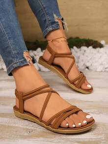 Sandal Flat Liburan Musim Panas Wanita Terbaru, Elegan & Nyaman, Motif Garis-garis, Cokelat, Ukuran Besar, Gaya Boho - Coklat - View 5
