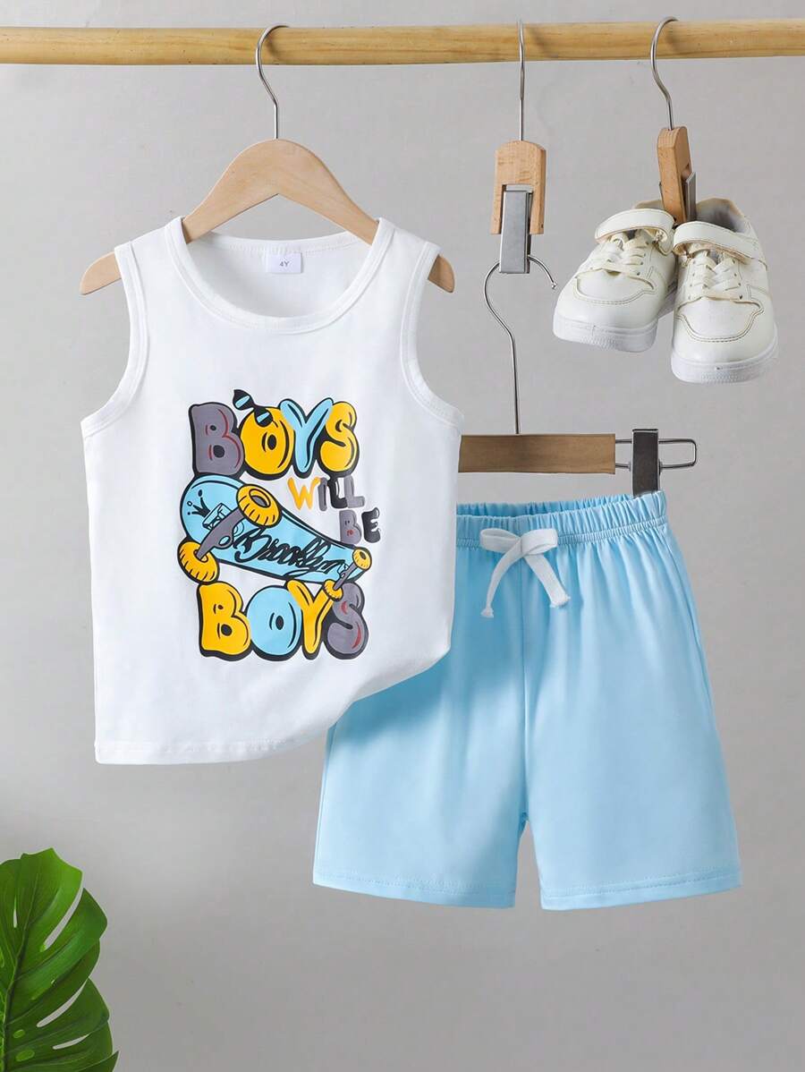 Set de 2 piezas de camiseta de punto con cuello redondo y estampado de letras, y shorts casuales, versátiles y cómodos para niños