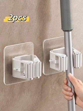 2 pezzi/1 pezzo Gancio a parete bianco resistente, molletta di immagazzinaggio della mocio per il bagno e la cucina, ritorno a scuola