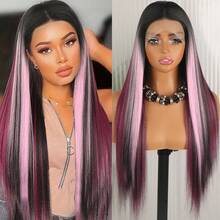 Purple Color Lace Front Wigs Pre Plucked Hairline Long Straight Wigs For Fashion Women Girls Party Daily Wear Glueless Dark Purple Lace Front Synthetic Wigs 13x4 Free Part Heat Resistant Fiber Hair 28 Inch 180% Density - 挑染粉色 - 查看 3