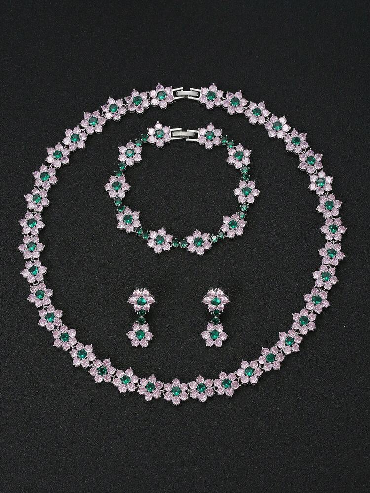 1 Set Of 4pcs Minimalist Floral Colorful Zirconia Necklace, Earrings, Bracelet Jewelry Set, Elegant For Bride, Wedding, Formal Party, Engagement, Holiday Wear - Flowers - View 13