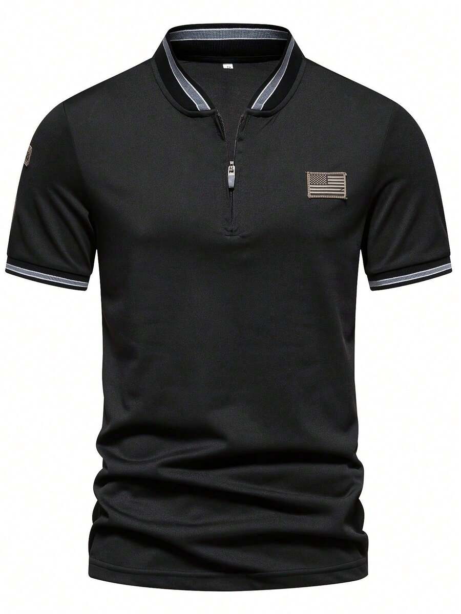 Men's Casual Golf Polo Shirt For Summer, With Stylish Embroidery And Short Sleeve Zipper Design - màu đen - Xem 1