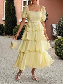 PoPoHouse 女装夏季中长款连衣裙温柔风收腰显瘦荷叶边半身裙 - 黃色 - 查看 2