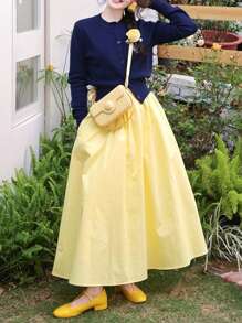Dopamine Midi A-Line Flared Skirt, High Waist Casual Pleated Skirt For Petite Women, Summer, Yellow