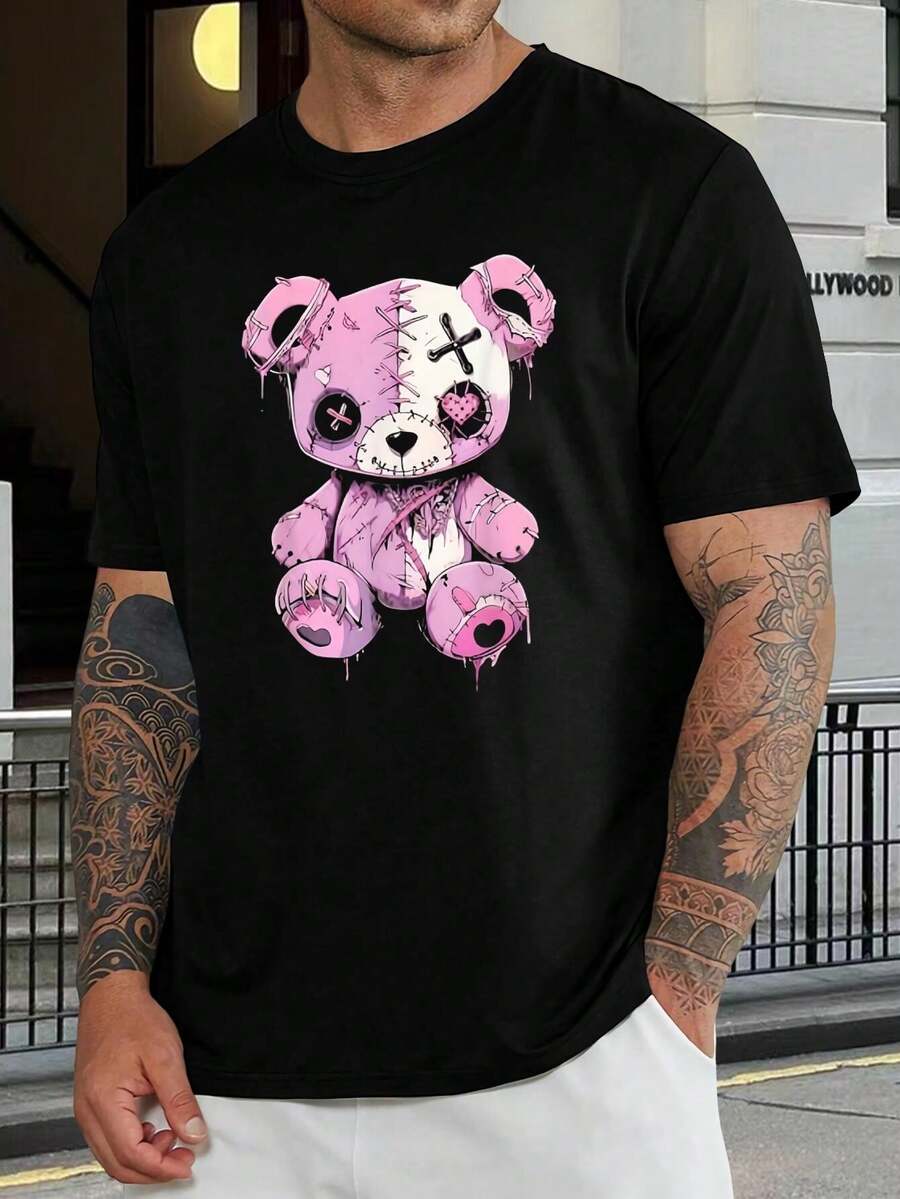 Camiseta de oso de peluche rosa terroríficamente adorable, estilo gótico grunge kawaii pastel para hombres y mujeres - Negro - Ver 1