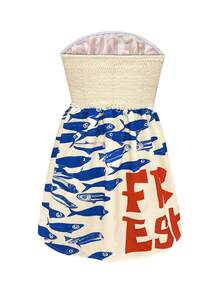 波西米亚风女装春夏时尚休闲优雅度假风撞色英文字母拉丁鱼印花露肩连衣裙 - 藍色 - 查看 5