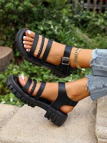 极简欧美风绑带罗马女神厚底凉鞋 - 黑色 - 查看 7