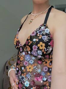 Women Y2k Sequin Halter Cami Tops Summer Deep V Neck Spaghtti Strap Backless Sexy Crop Tank Tops Sheer Mesh Patchwork Slim Fit Shirt Fairy Grunge Going Out Tops E-Girls Vintage Aesthetic Clothes Clubwear