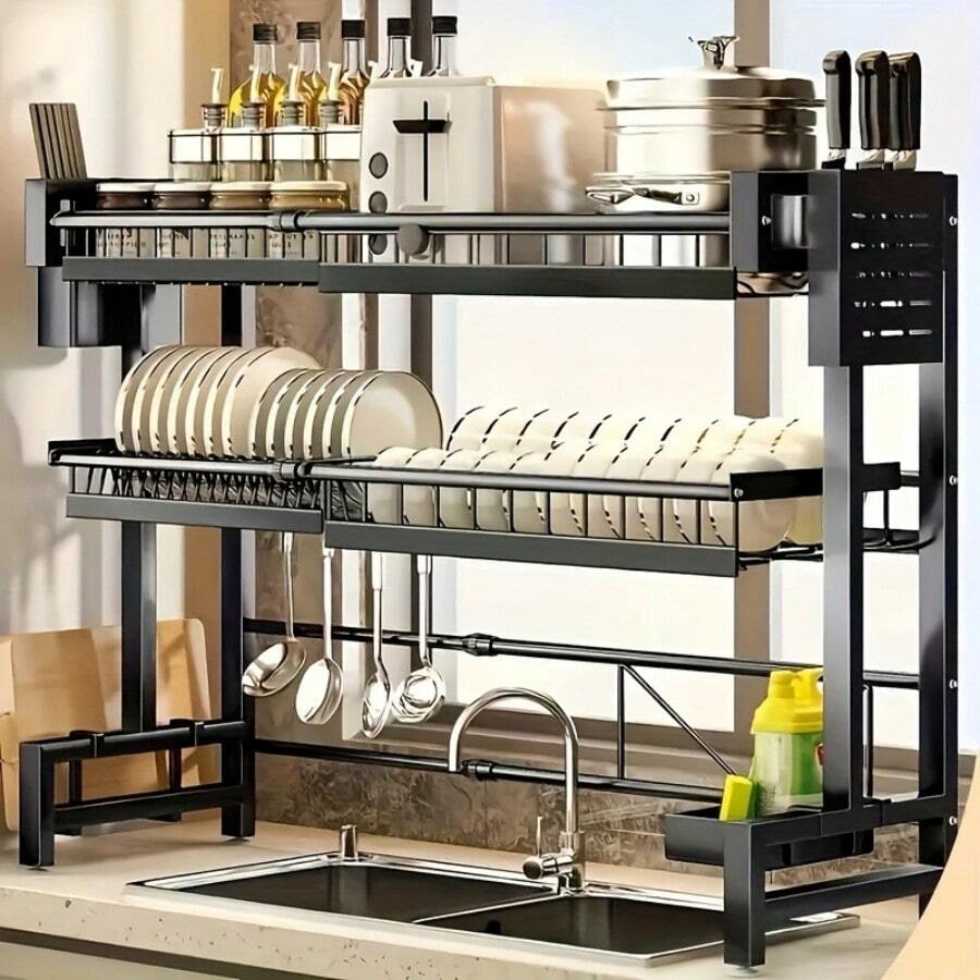 LEO IRIS 1pc Countertop Dish Storage Drainage Rack Expandable Kitchen Sink Shelf Dish Rack Drainer Black Kitchen Organizer - màu đen - Xem 1