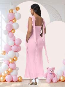 JustVH Maternity Draped Neck Ruffle Long Dress For Baby Shower Photoshoot