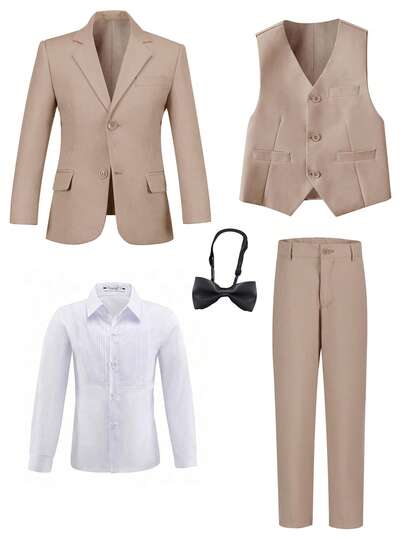 5pcs Boys Formal Suit Set, Toddler Tuxedo Outfit, Wedding Pageboy Attire, Includes Jacket, Vest, Pants, Shirt, Tie, Suitable For Children Birthday, Wedding, Graduation Ceremony, Wedding Guest, Pageboy, Champagne Color, Size 6-16 Years