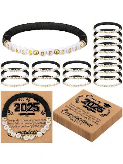 12 件/6 套 2025 毕业手链套装（手链+卡片），2025 毕业舞会手链毕业礼物黑珠舞会手链 2025 届毕业生祝贺毕业晚会礼物，2025 毕业礼物手链，编织祝福卡装饰，男女皆宜