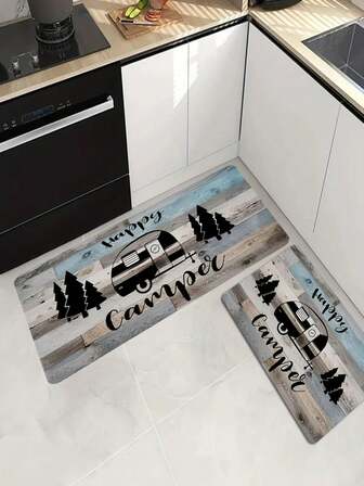 1/2 件露营车系列蓝色狗爪印花地垫 - 适用于室内和室外聚酯材料，非常适合厨房、浴室和露营主题装饰