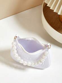 Mini Underarm Bag For Toddler Girls, Pearl Decor Zipper Closure Handbag, Lovely Gift Bag For Girls