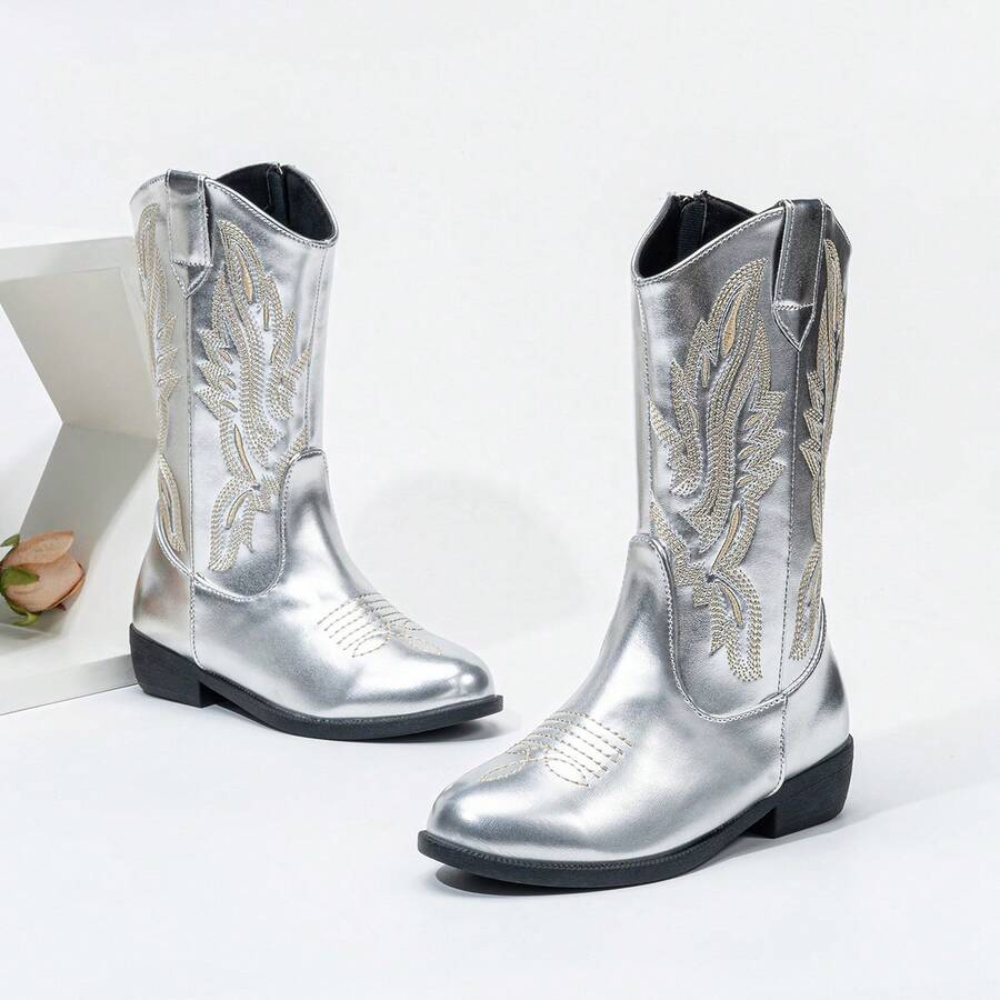 音乐节时尚新款刺绣西部牛仔靴儿童款 - 銀色 - 查看 1