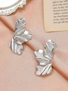 1 Pair Asymmetrical Metal Leaf Design Stud Earrings, European & American Style, Suitable For Daily Matching For Women