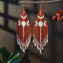 AHAYA 复古波西米亚风流苏吊坠耳环，手工制作，棕色种子珠和白色装饰，适合时尚女性日常佩戴，是情人节和母亲节的完美礼物 - 咖啡棕 - 查看 1