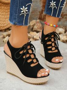 Elegant Solid Color Fashionable Lace-Up Wedge Thick Bottom High Heel Hollow Out Sandals, Suitable For Summer, Weddings And Parties