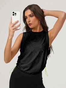 Sodalemon Women Loose Sleeveless Color Block Drawstring Round Neck Outdoor Casual Training Workout Sport Bra - Black - View 6