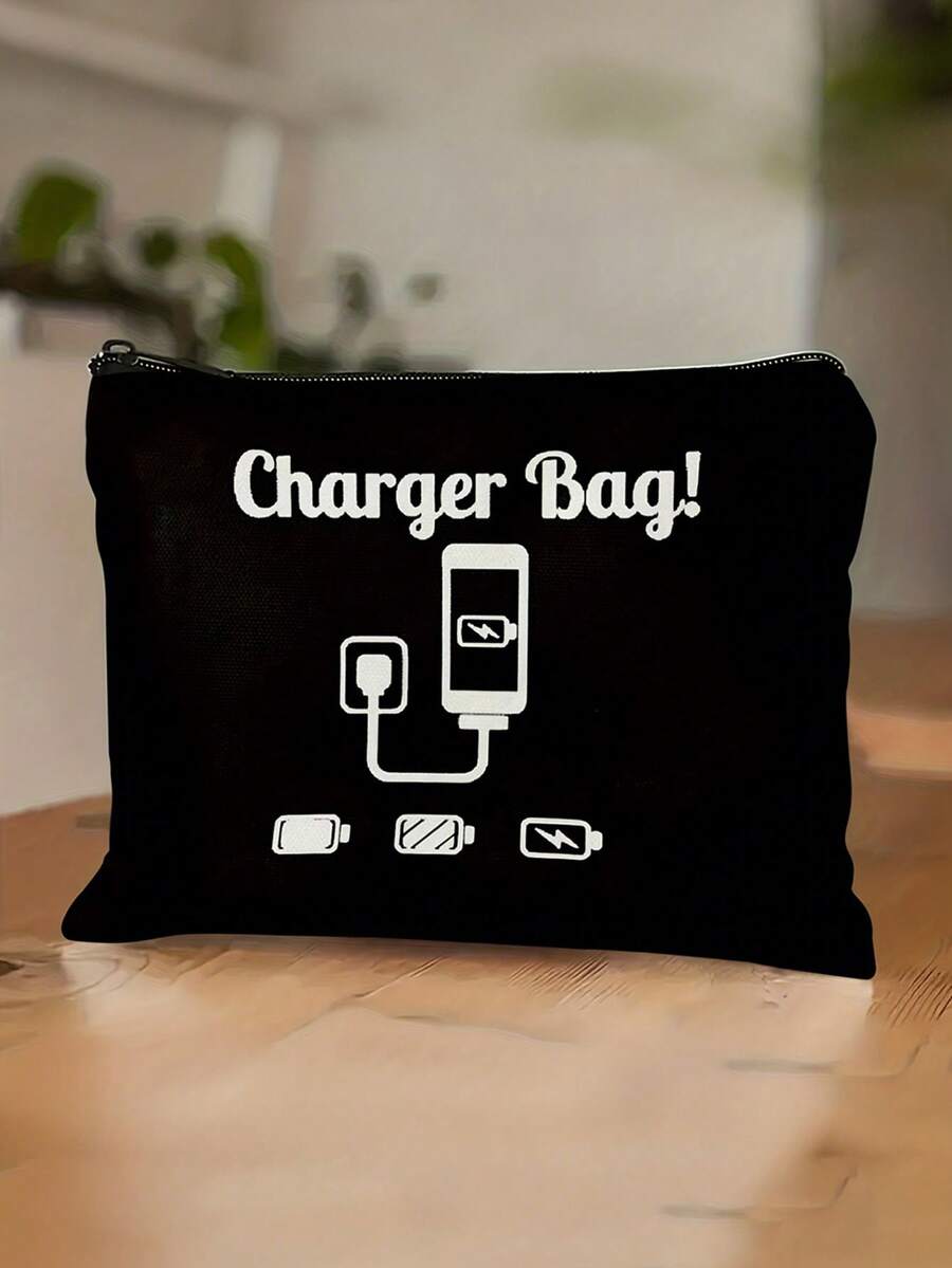 Black Charger Bag - Polyester Travel Cable Organizer With "CHARGER BAG!" Print, Hand-Washable Electronic Accessory Pouch For Cables, Power Banks & Small Items, Cable Organizer Bag - Multicolor - View 1