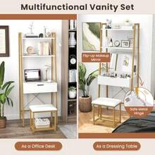 Vanity Desk Set With Flip-Up Mirror, Ladder Vanity Table And Cushioned Stool Set W/ 4 Storage Compartments, Small Makeup Vanity - 1 - View 4