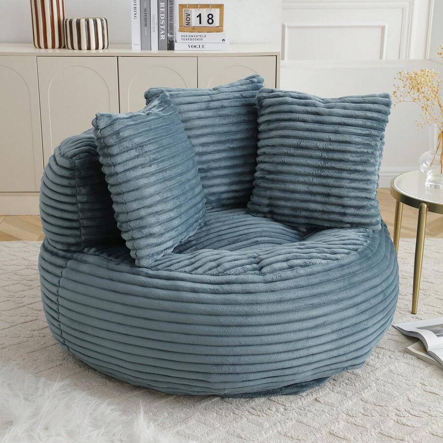Giant Bean Bag Chair With Ottoman, Memory Foam Filled Corduroy Gaming Chair,With Pedals,Faux Fur Shell-Shaped Lounge Chair - Floor Sofa For Living Room, Home Theater, Play Zone - & Non-Slip Base,Very Suitable For Bedrooms, Living Rooms, Game Rooms, Study Rooms, Offices, Or Apartments. - A-藍灰色(燈芯絨) - 查看 1