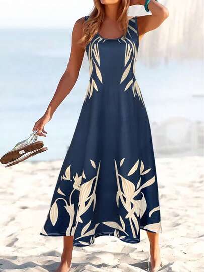 时尚轻盈优雅度假风印花无袖修身连衣裙，适合春夏休闲、户外、居家、旅行、工作、婚礼、派对、海滩等场合。